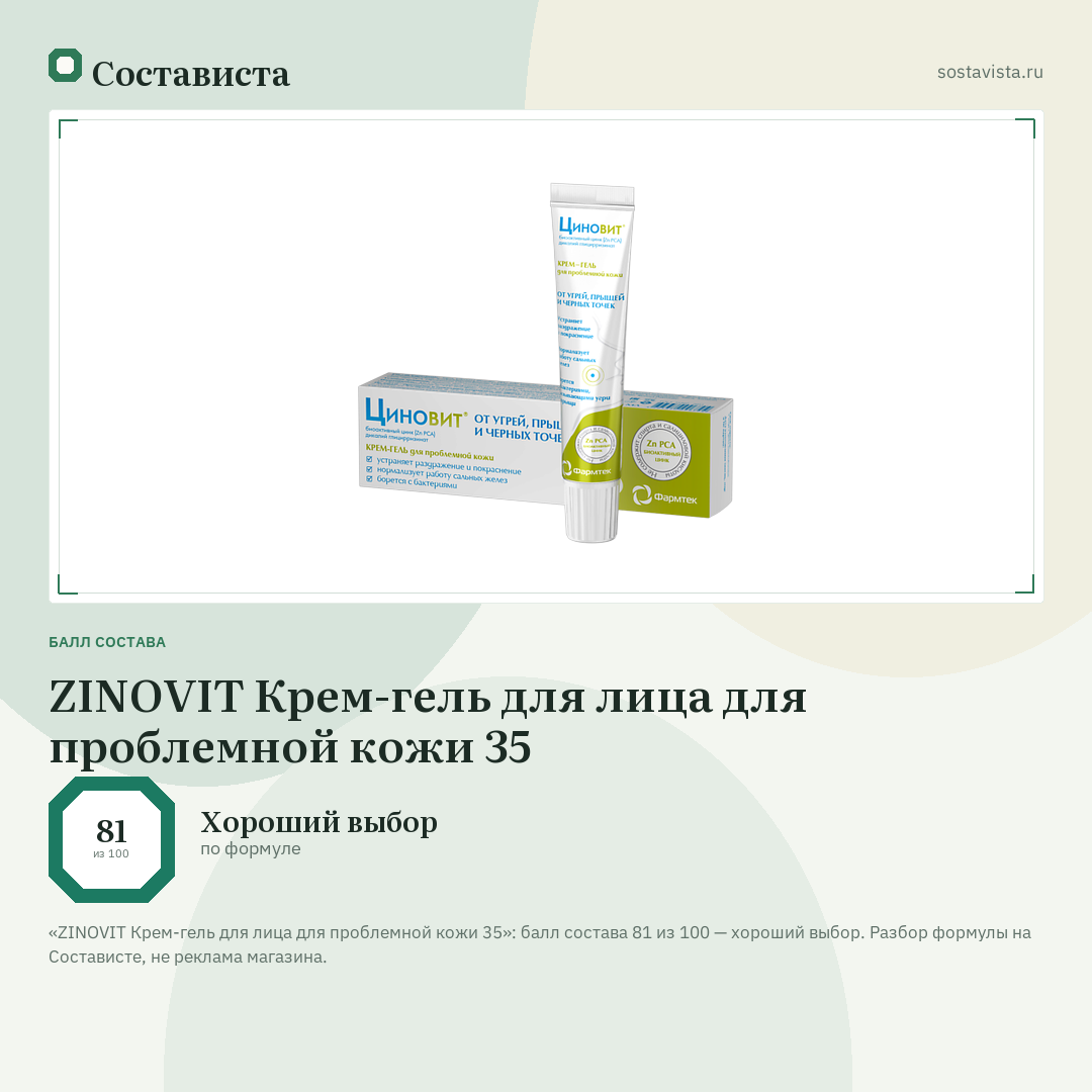 ZINOVIT Крем-гель для лица для проблемной кожи 35: балл состава 81 из 100 — Состависта