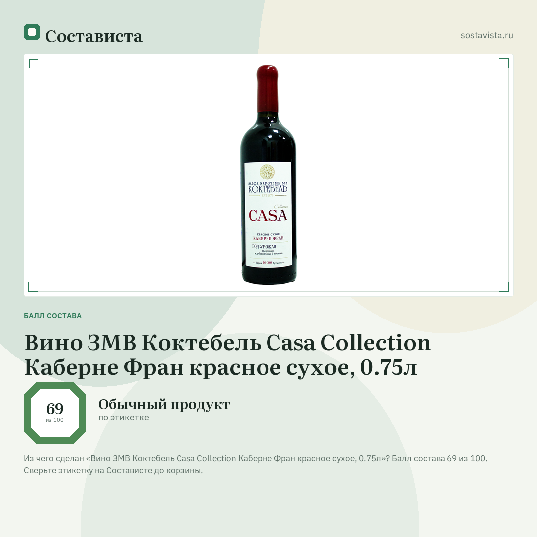Вино ЗМВ Коктебель Casa Collection Каберне Фран красное сухое, 0.75л: балл состава 69 из 100 — Состависта