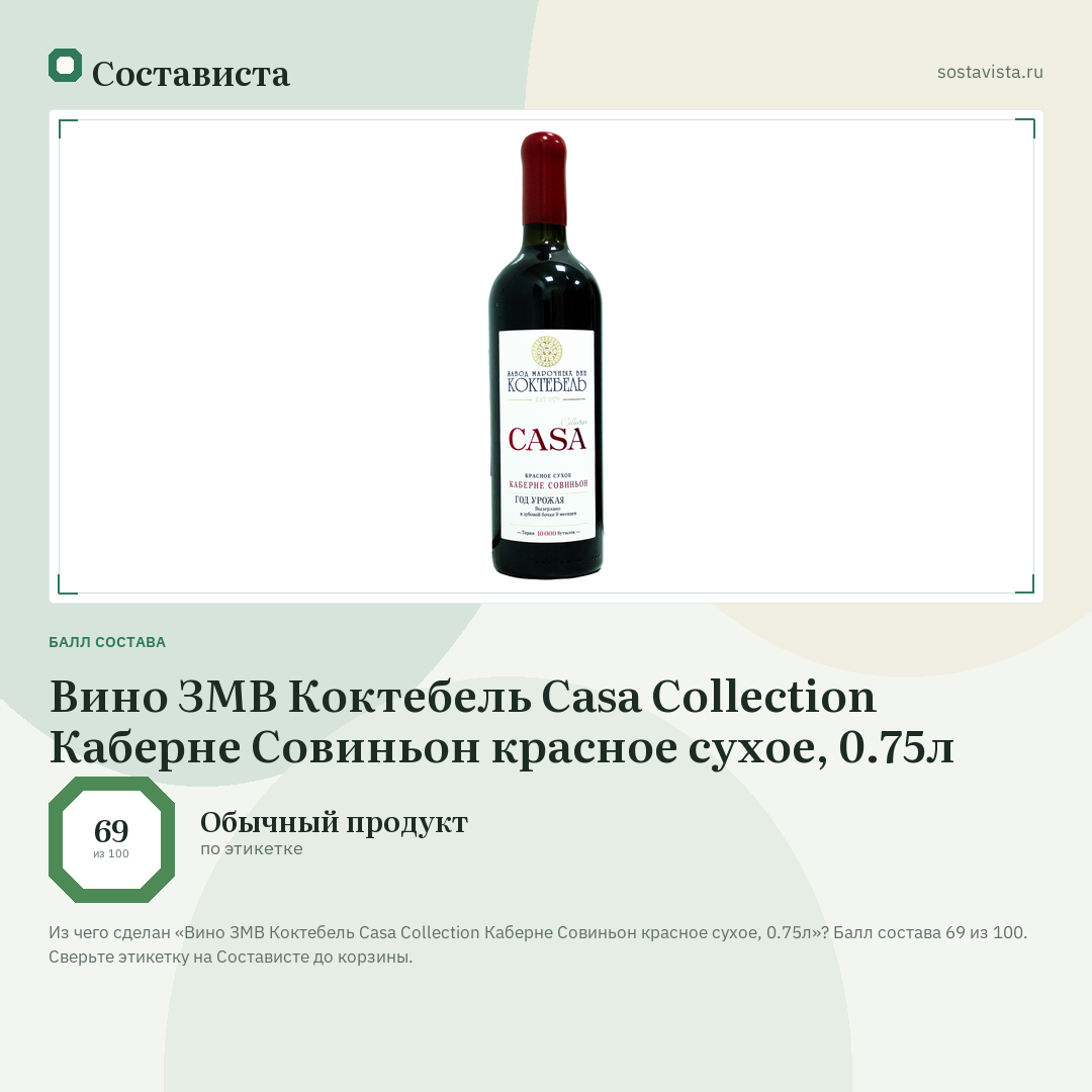 Вино ЗМВ Коктебель Casa Collection Каберне Совиньон красное сухое, 0.75л: балл состава 69 из 100 — Состависта
