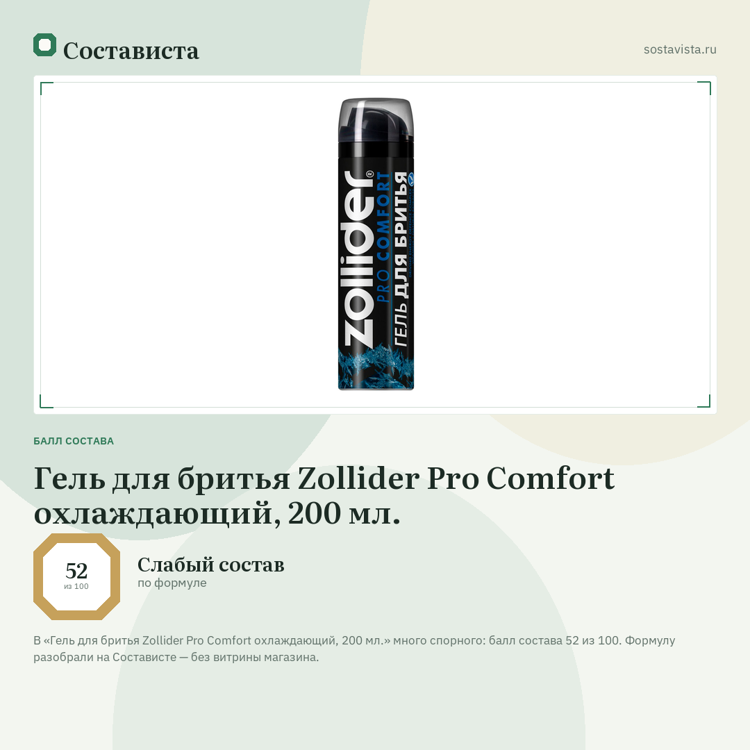 Гель для бритья Zollider Pro Comfort охлаждающий, 200 мл.: балл состава 52 из 100 — Состависта