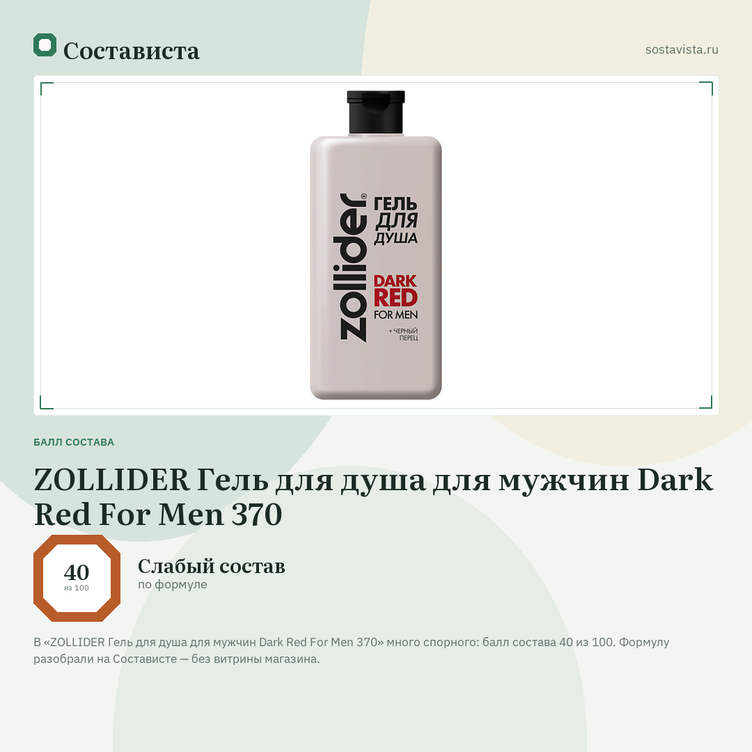 ZOLLIDER Гель для душа для мужчин Dark Red For Men 370: балл состава 40 из 100 — Состависта