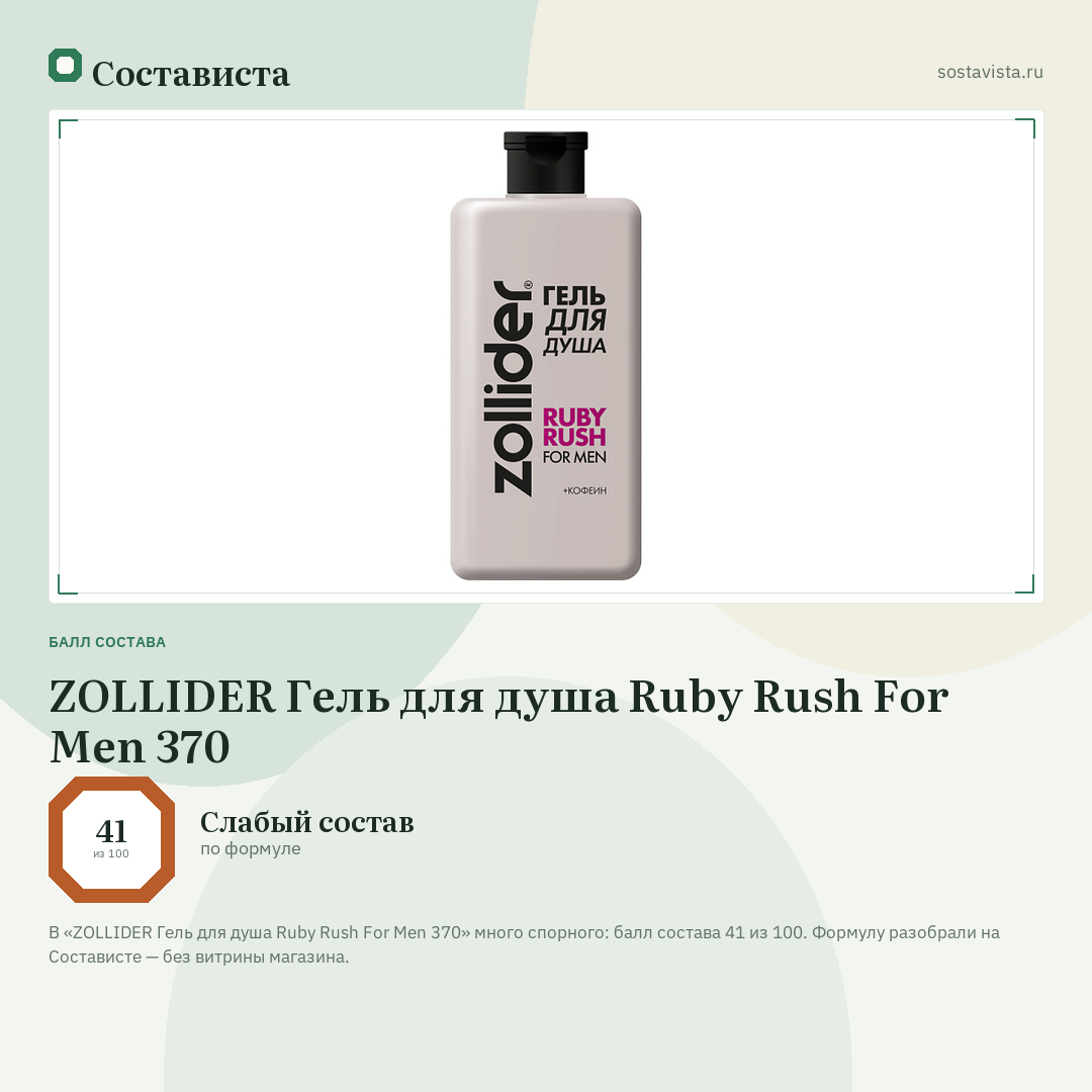 ZOLLIDER Гель для душа Ruby Rush For Men 370: балл состава 41 из 100 — Состависта