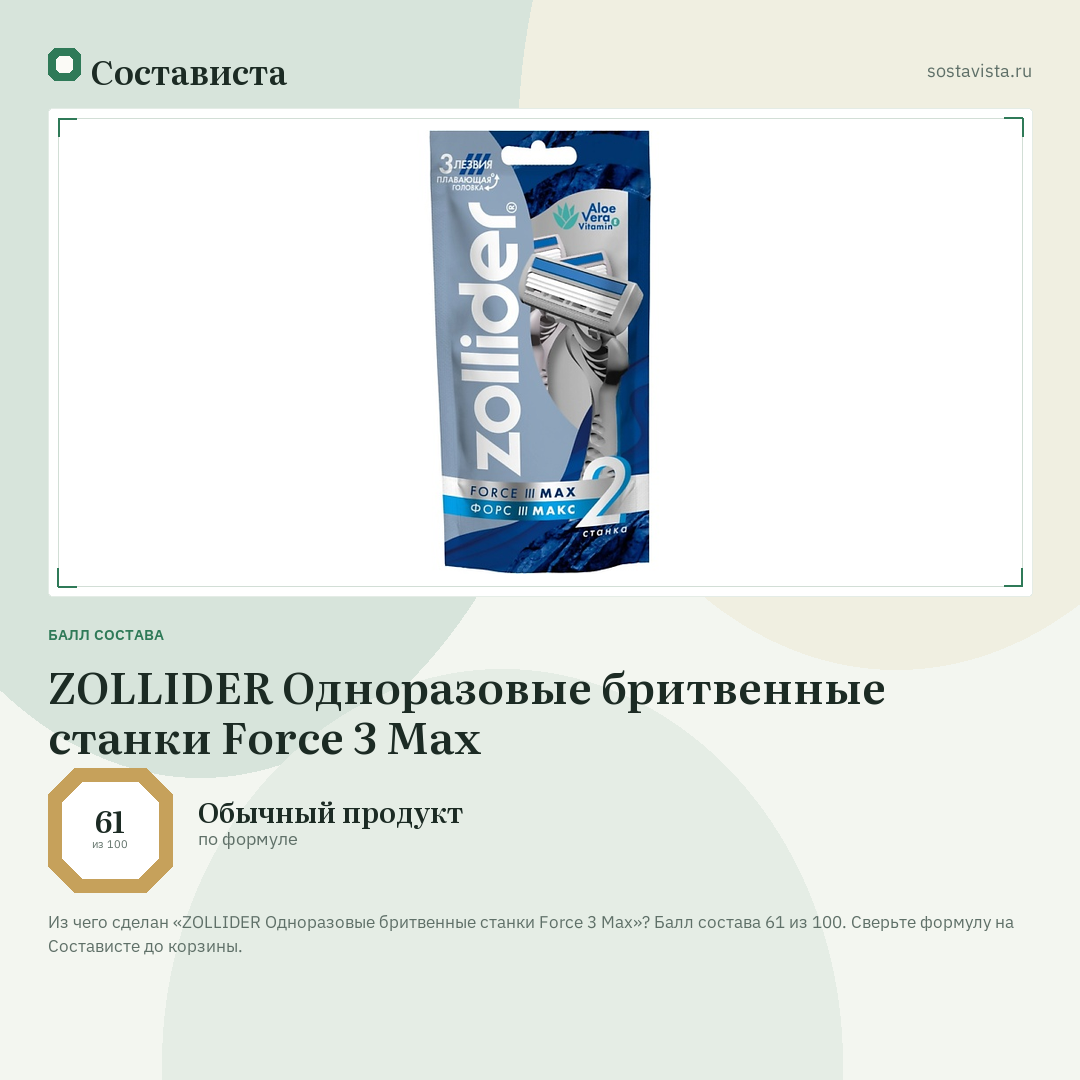 ZOLLIDER Одноразовые бритвенные станки Force 3 Max: балл состава 61 из 100 — Состависта