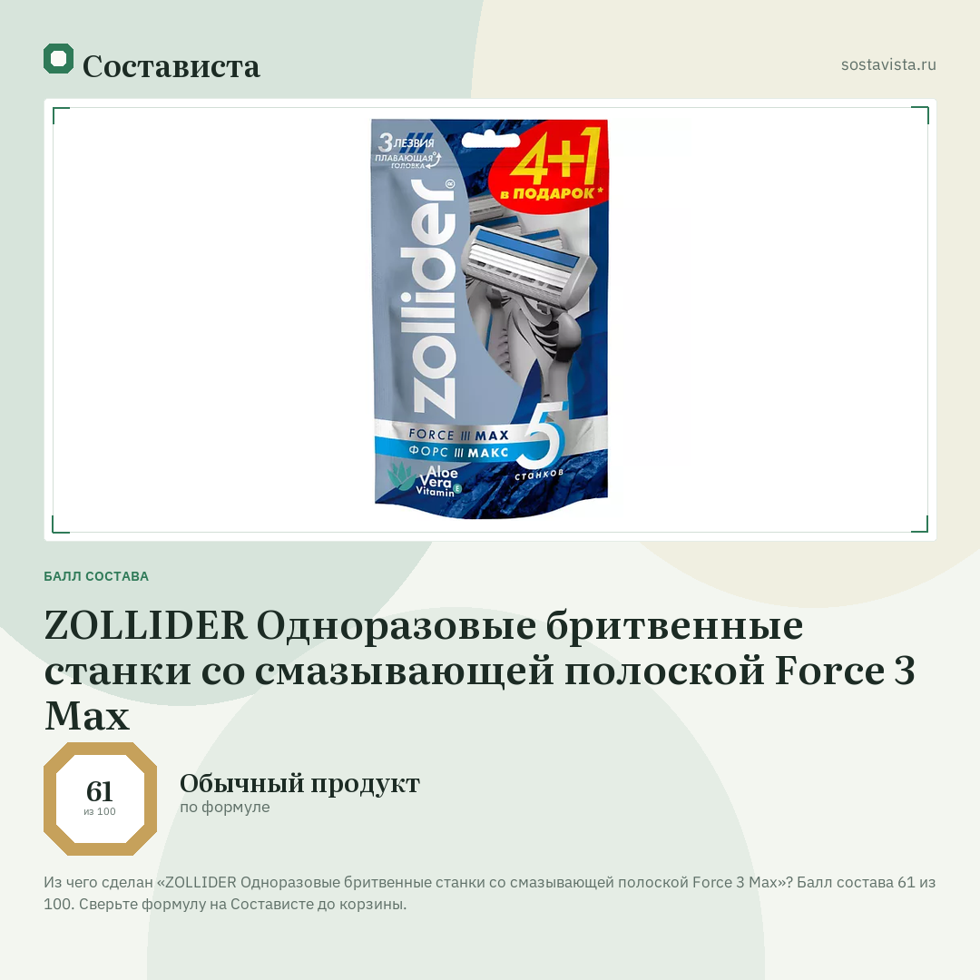 ZOLLIDER Одноразовые бритвенные станки со смазывающей полоской Force 3 Max: балл состава 61 из 100 — Состависта