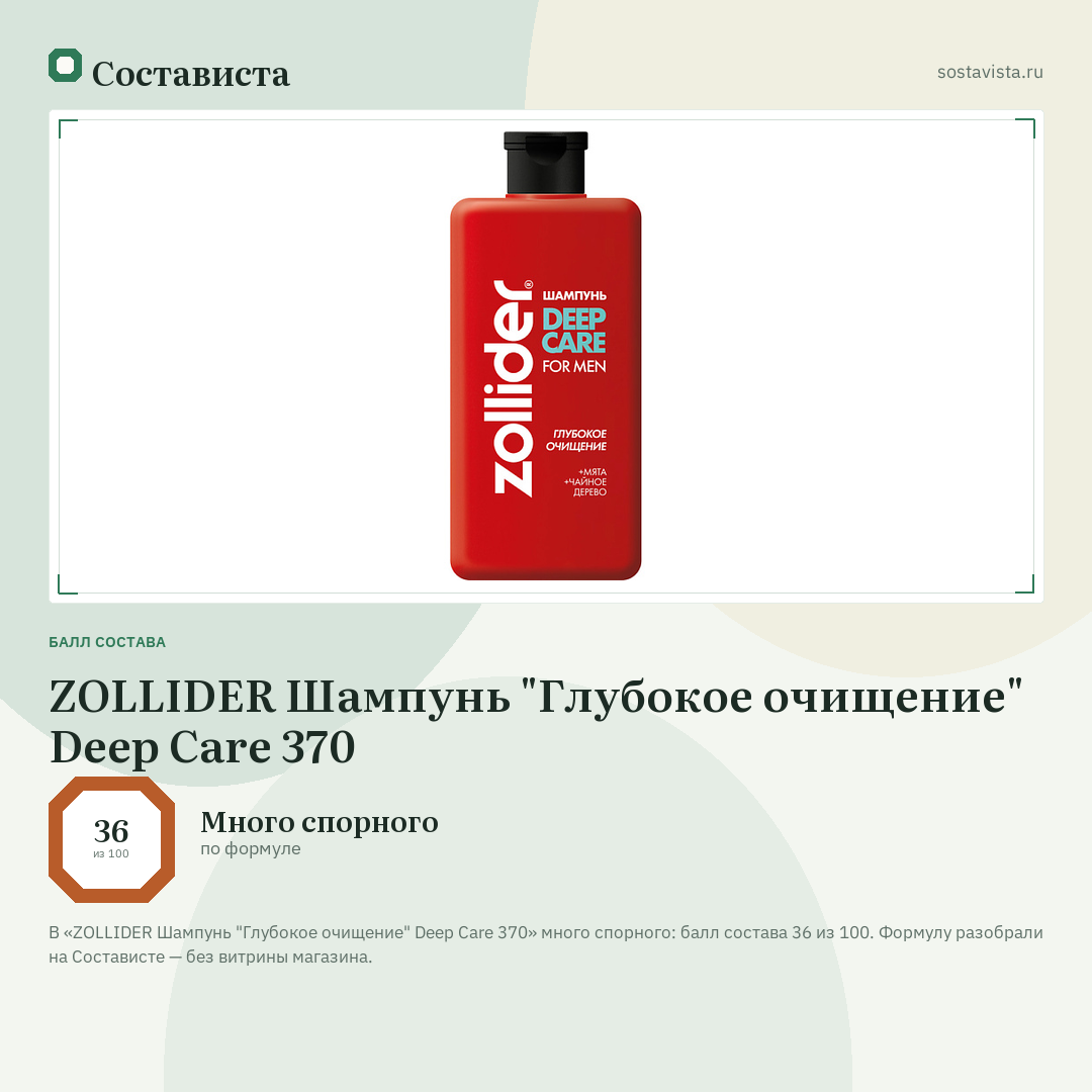 ZOLLIDER Шампунь "Глубокое очищение" Deep Care 370: балл состава 36 из 100 — Состависта