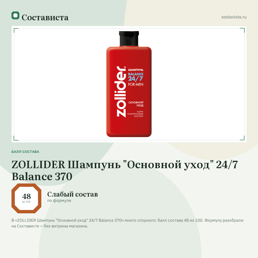ZOLLIDER Шампунь "Основной уход" 24/7 Balance 370: балл состава 48 из 100 — Состависта