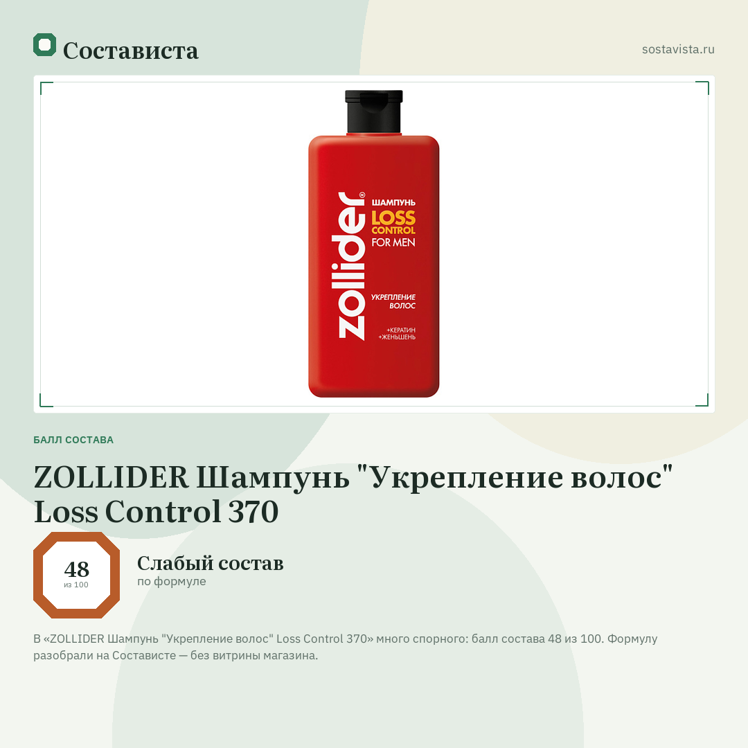 ZOLLIDER Шампунь "Укрепление волос" Loss Control 370: балл состава 48 из 100 — Состависта