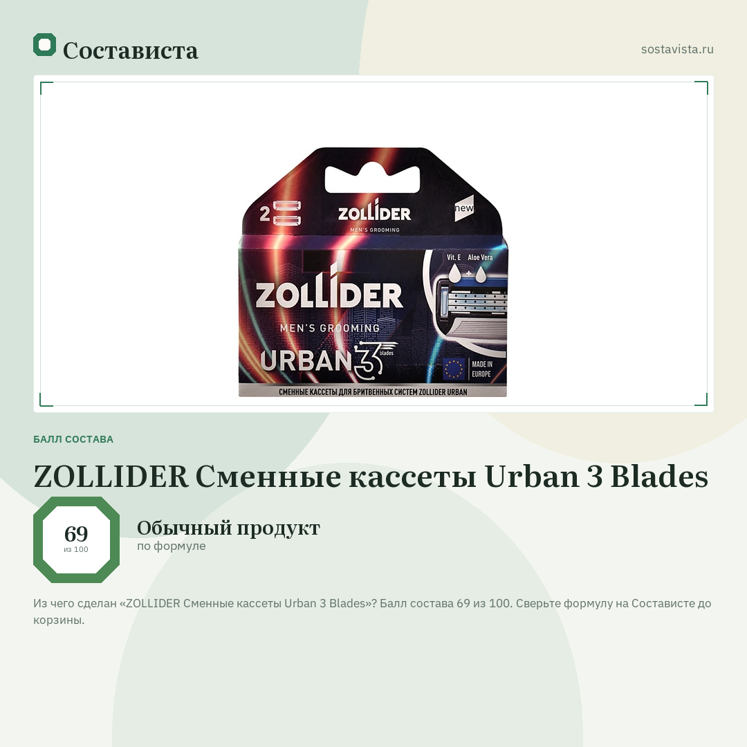 ZOLLIDER Сменные кассеты Urban 3 Blades: балл состава 69 из 100 — Состависта