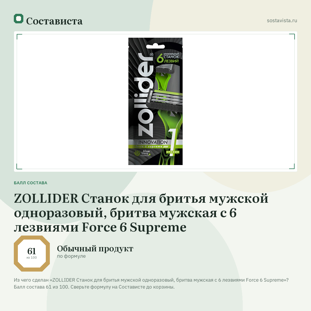 ZOLLIDER Станок для бритья мужской одноразовый, бритва мужская с 6 лезвиями Force 6 Supreme: балл состава 61 из 100 — Состависта