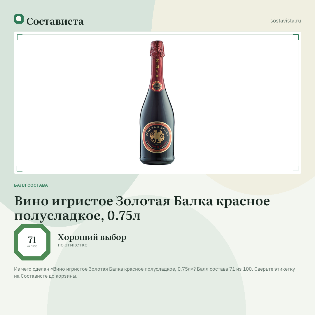 Вино игристое Золотая Балка красное полусладкое, 0.75л: балл состава 71 из 100 — Состависта