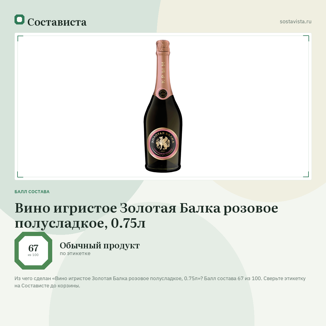 Вино игристое Золотая Балка розовое полусладкое, 0.75л: балл состава 67 из 100 — Состависта