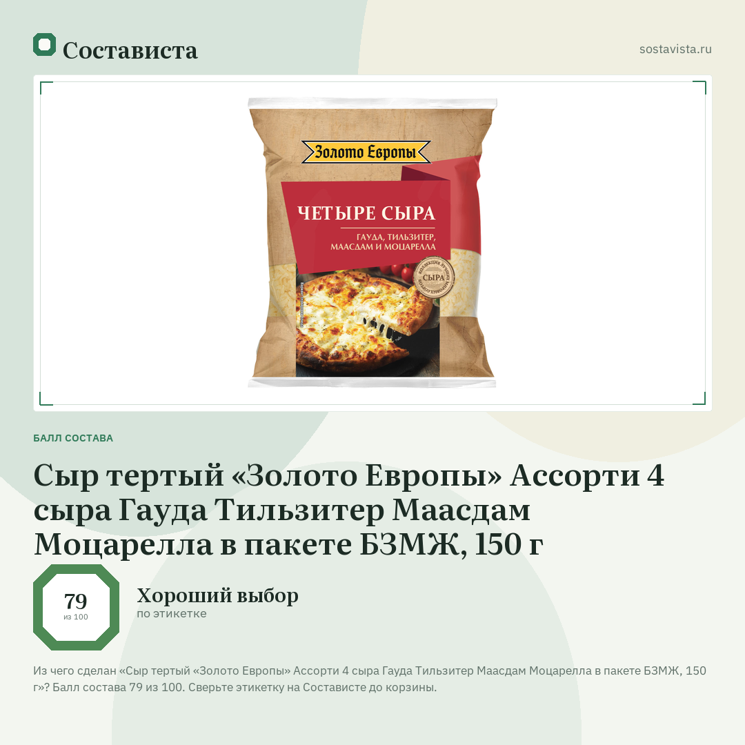Сыр тертый «Золото Европы» Ассорти 4 сыра Гауда Тильзитер Маасдам Моцарелла в пакете БЗМЖ, 150 г: балл состава 79 из 100 — Состависта