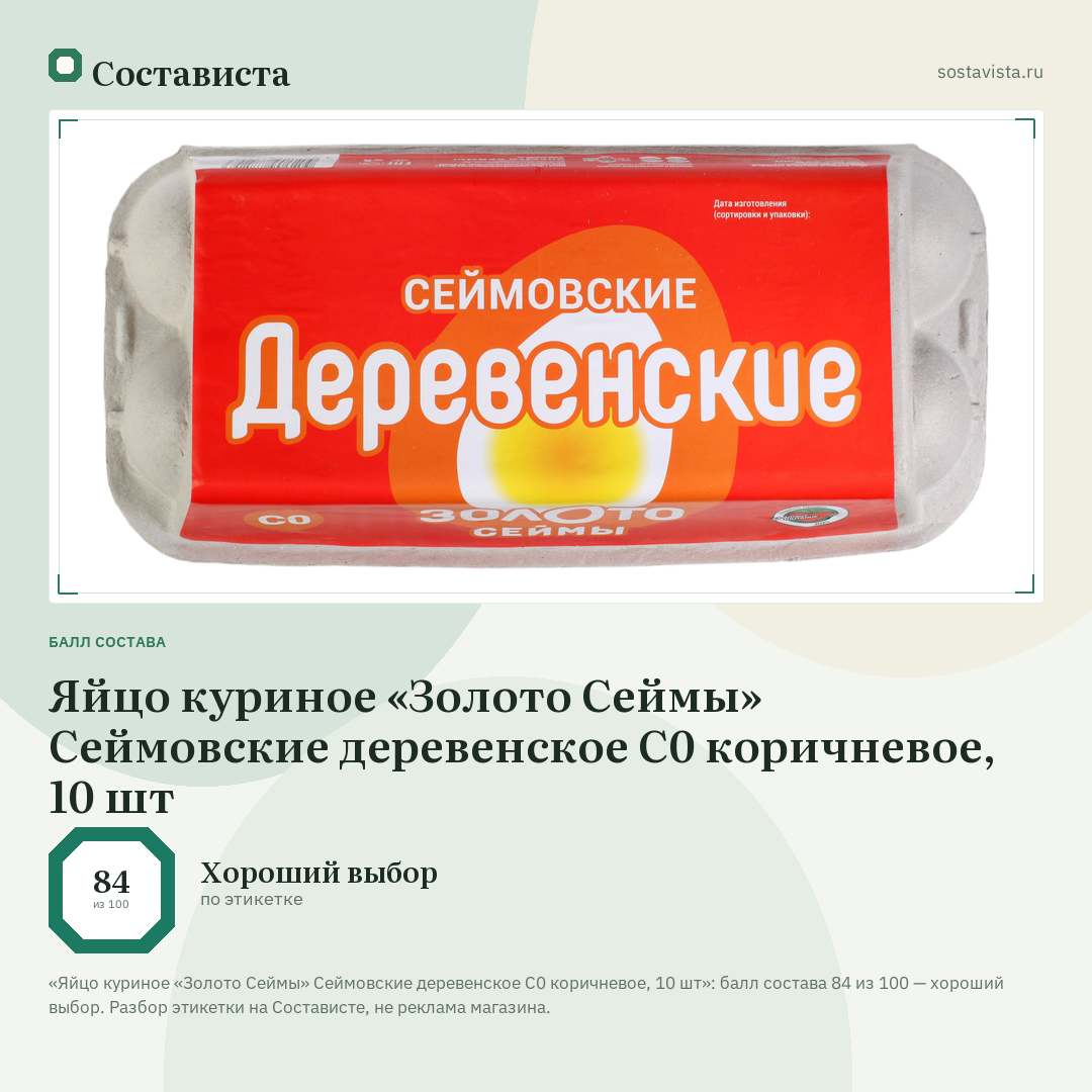 Яйцо куриное «Золото Сеймы» Сеймовские деревенское С0 коричневое, 10 шт: балл состава 84 из 100 — Состависта