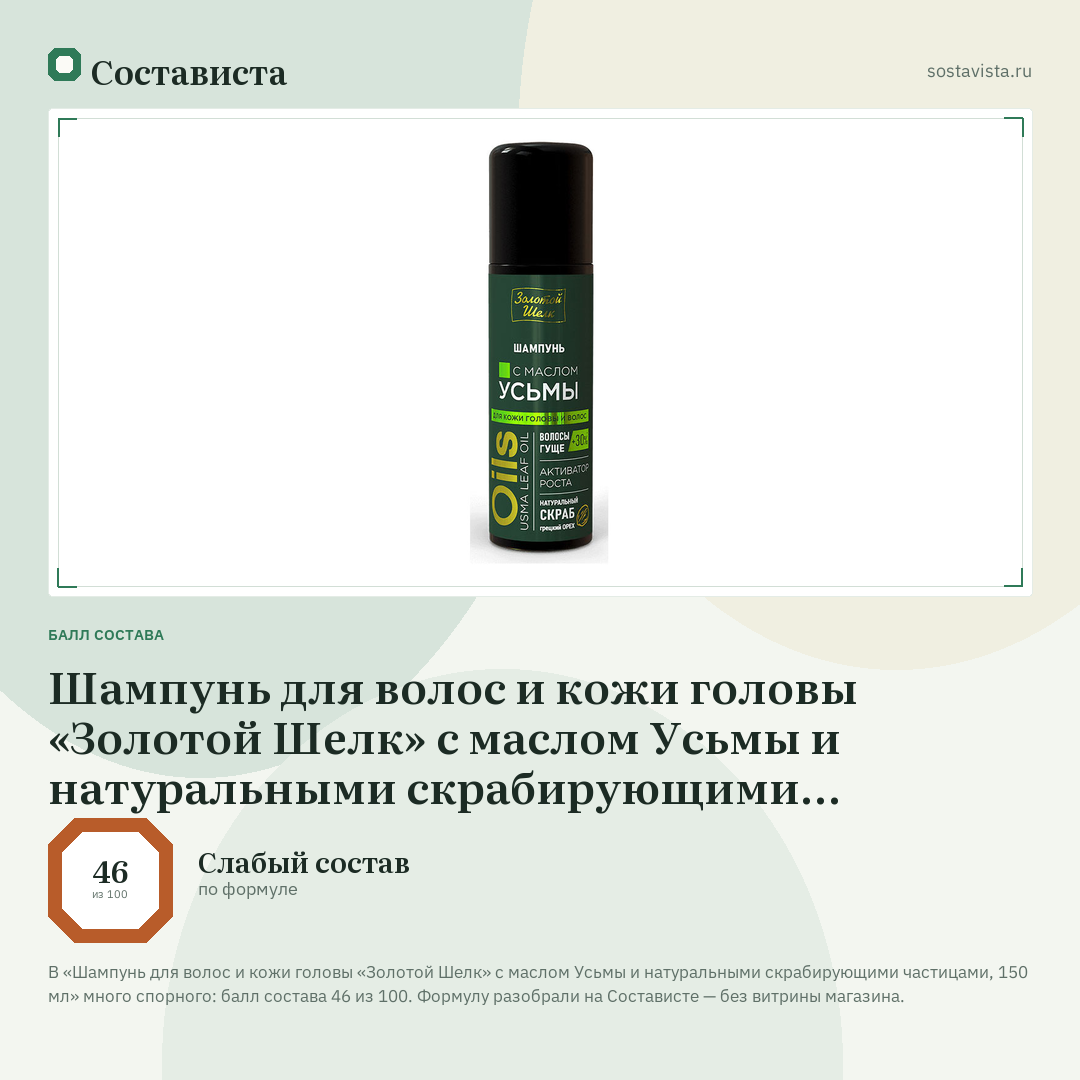 Шампунь для волос и кожи головы «Золотой Шелк» c маслом Усьмы и натуральными скрабирующими частицами, 150 мл: балл состава 46 из 100 — Состависта