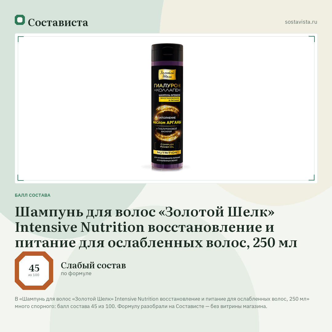 Шампунь для волос «Золотой Шелк» Intensive Nutrition восстановление и питание для ослабленных волос, 250 мл: балл состава 45 из 100 — Состависта