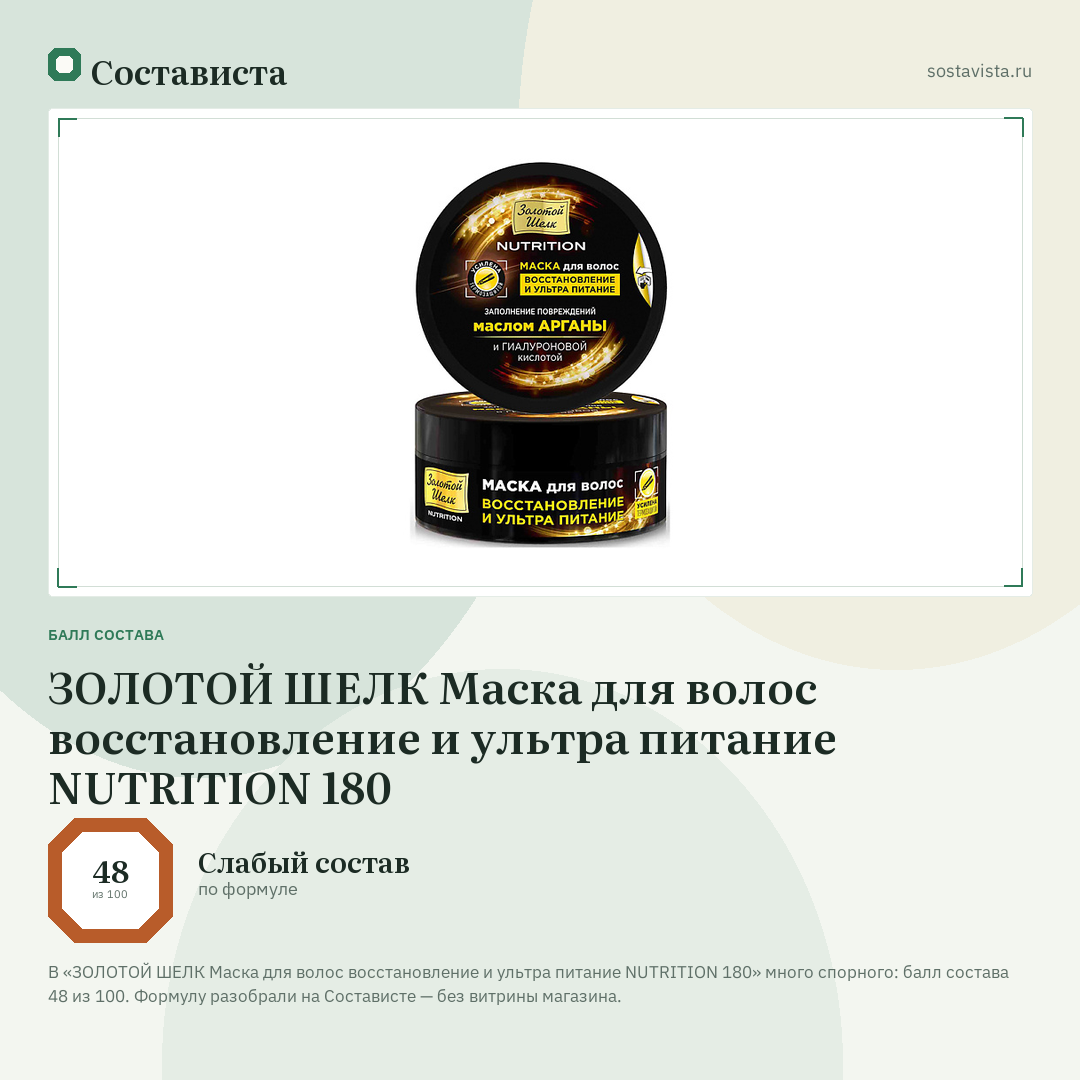 ЗОЛОТОЙ ШЕЛК Маска для волос восстановление и ультра питание NUTRITION 180: балл состава 48 из 100 — Состависта