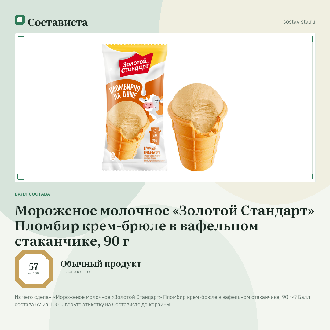 Мороженое молочное «Золотой Стандарт» Пломбир крем-брюле в вафельном стаканчике, 90 г: балл состава 57 из 100 — Состависта