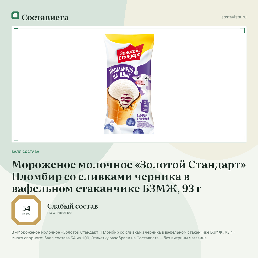 Мороженое молочное «Золотой Стандарт» Пломбир со сливками черника в вафельном стаканчике БЗМЖ, 93 г: балл состава 54 из 100 — Состависта