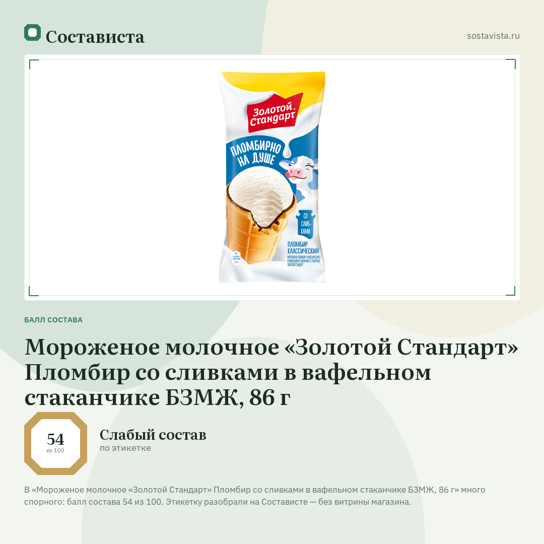 Мороженое молочное «Золотой Стандарт» Пломбир со сливками в вафельном стаканчике БЗМЖ, 86 г: балл состава 54 из 100 — Состависта