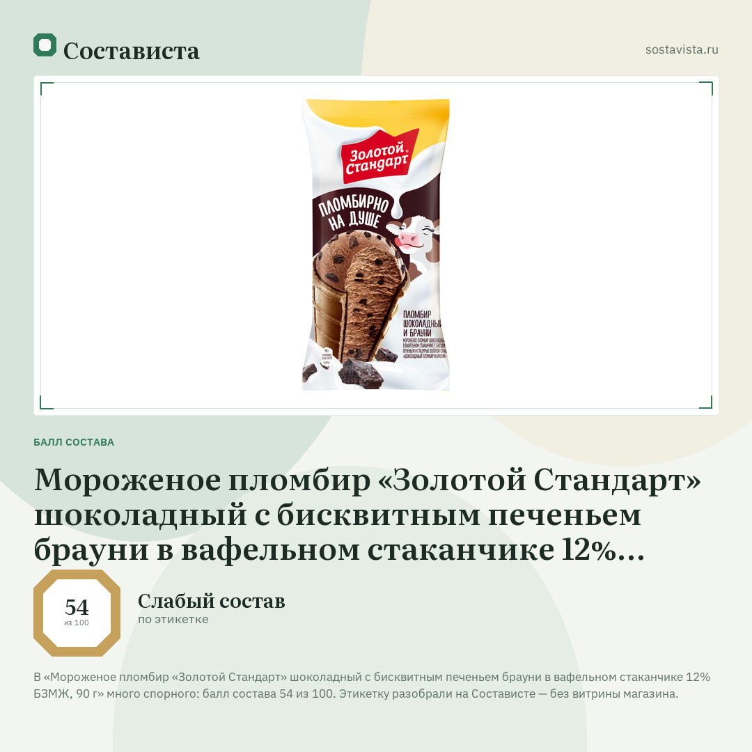 Мороженое пломбир «Золотой Стандарт» шоколадный с бисквитным печеньем брауни в вафельном стаканчике 12% БЗМЖ, 90 г: балл состава 54 из 100 — Состависта