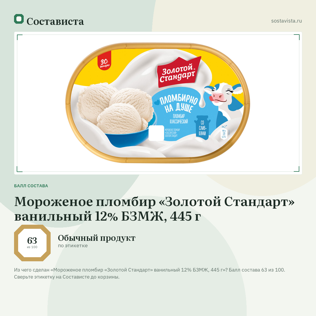 Мороженое пломбир «Золотой Стандарт» ванильный 12% БЗМЖ, 445 г: балл состава 63 из 100 — Состависта