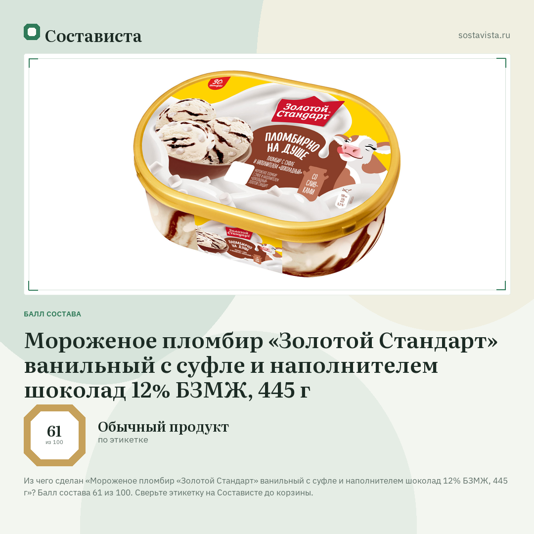 Мороженое пломбир «Золотой Стандарт» ванильный с суфле и наполнителем шоколад 12% БЗМЖ, 445 г: балл состава 61 из 100 — Состависта