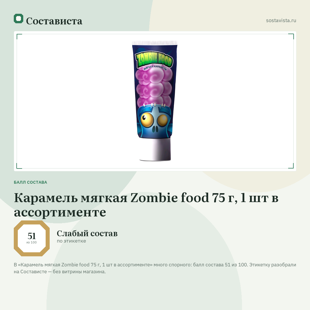 Карамель мягкая Zombie food 75 г, 1 шт в ассортименте: балл состава 51 из 100 — Состависта