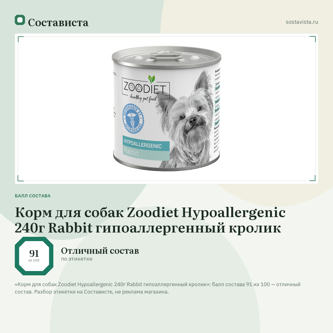 Корм для собак Zoodiet Hypoallergenic 240г Rabbit гипоаллергенный кролик: балл состава 91 из 100 — Состависта