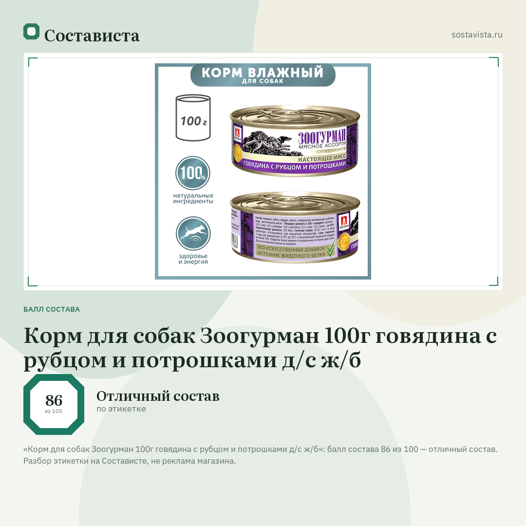 Корм для собак Зоогурман 100г говядина с рубцом и потрошками д/с ж/б: балл состава 86 из 100 — Состависта