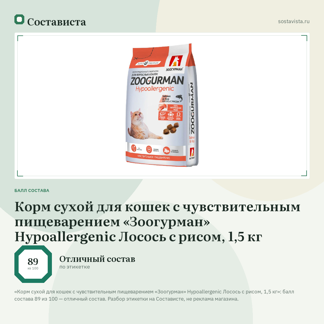 Корм сухой для кошек с чувствительным пищеварением «Зоогурман» Hypoallergenic Лосось с рисом, 1,5 кг: балл состава 89 из 100 — Состависта