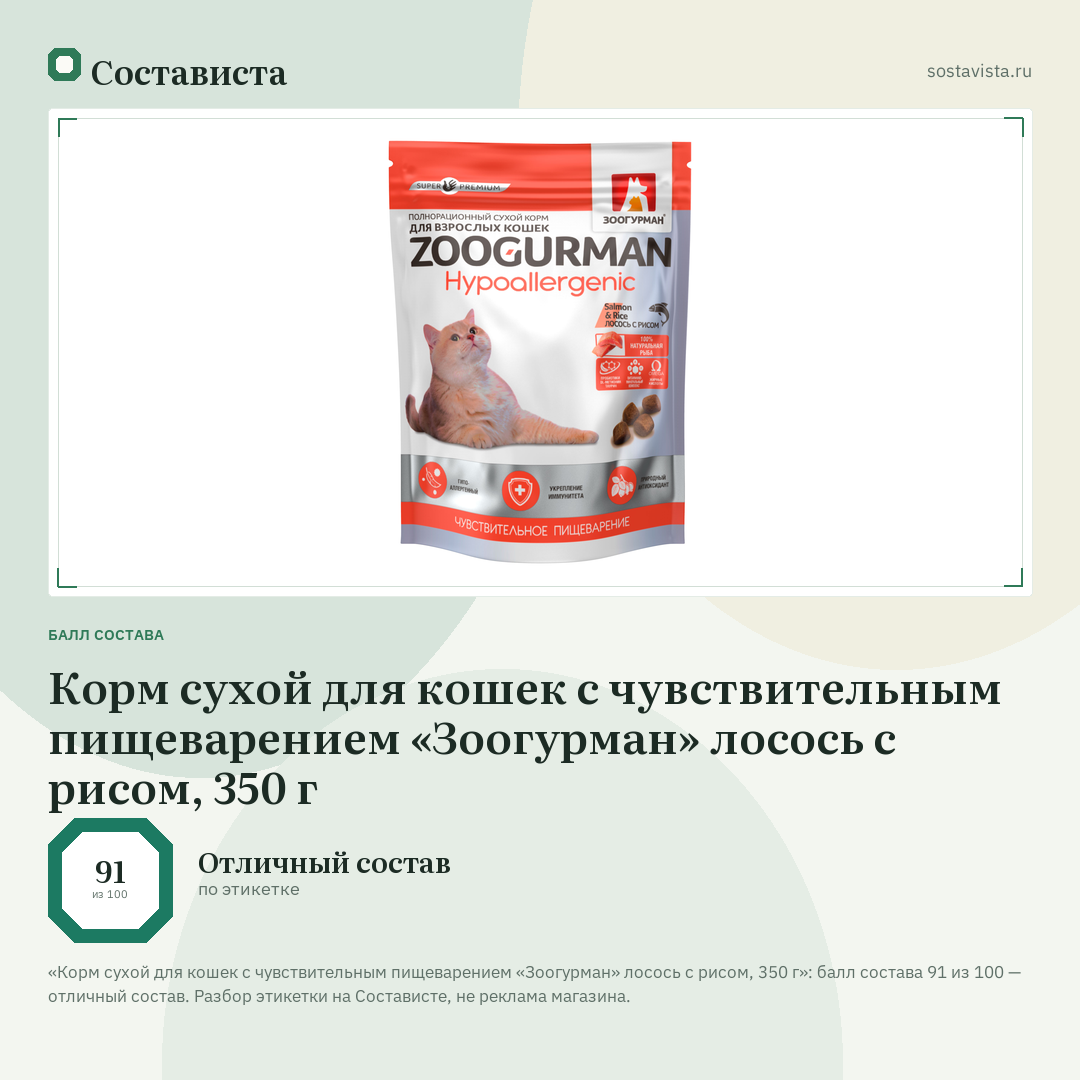 Корм сухой для кошек с чувствительным пищеварением «Зоогурман» лосось с рисом, 350 г: балл состава 91 из 100 — Состависта