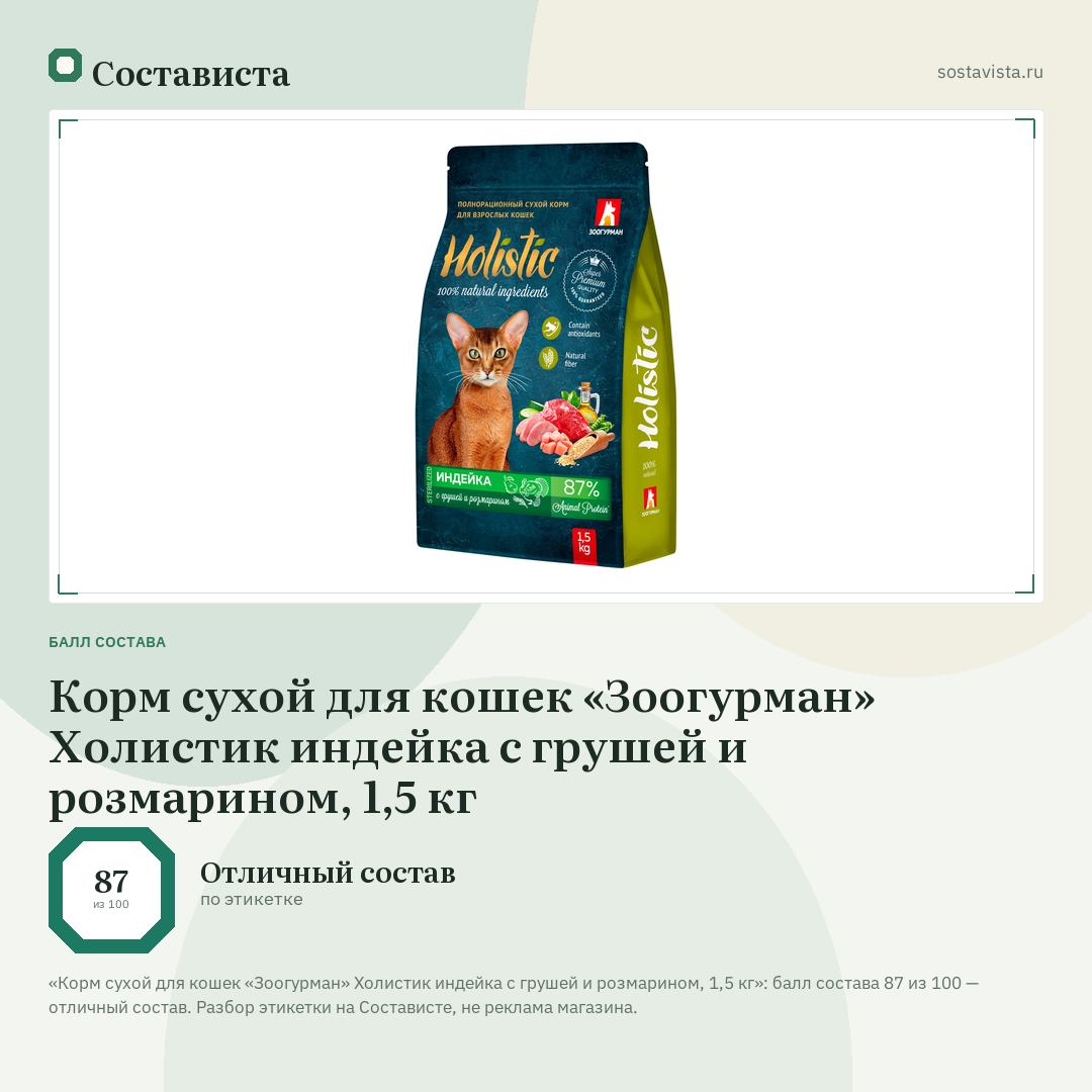 Корм сухой для кошек «Зоогурман» Холистик индейка с грушей и розмарином, 1,5 кг: балл состава 87 из 100 — Состависта