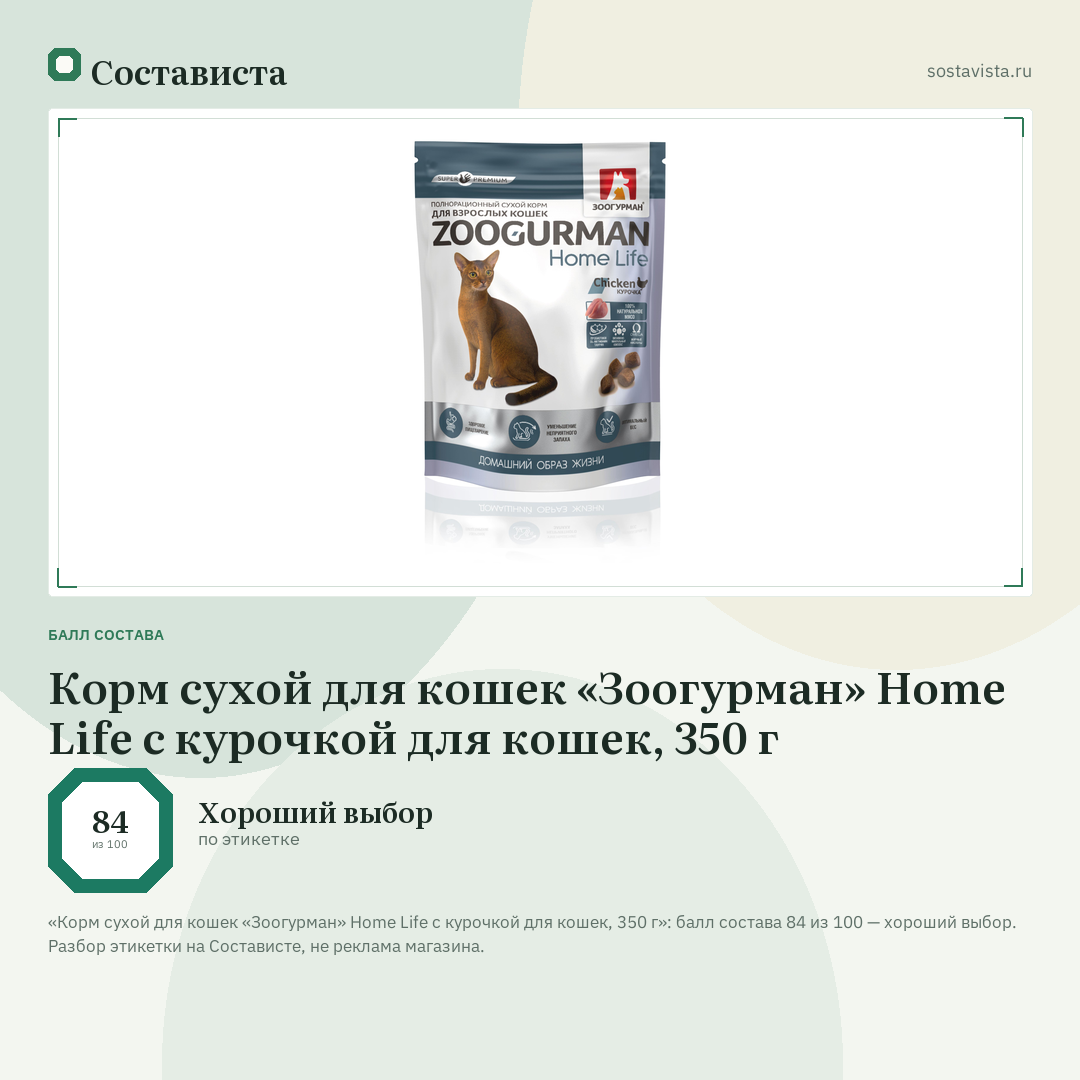 Корм сухой для кошек «Зоогурман» Home Life с курочкой для кошек, 350 г: балл состава 84 из 100 — Состависта