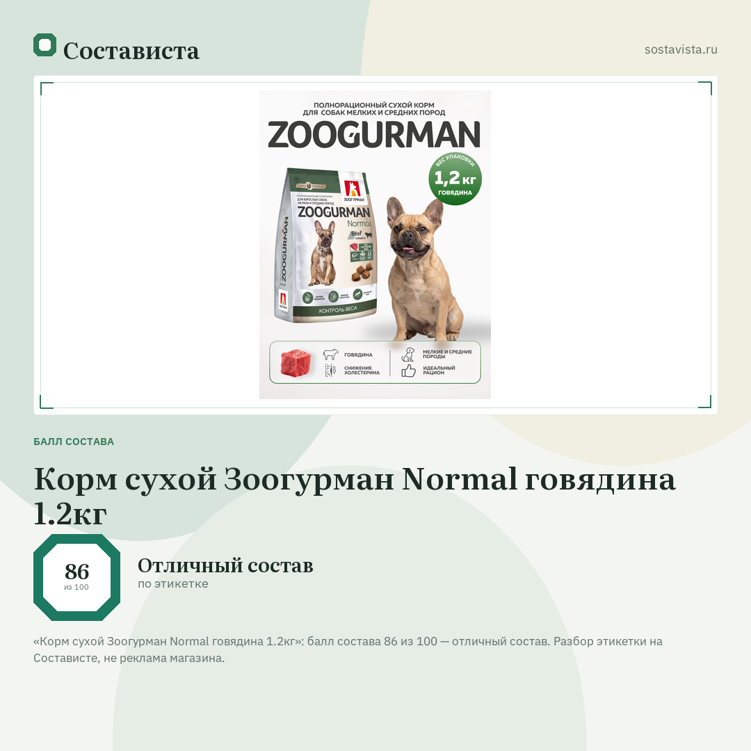 Корм сухой Зоогурман Normal говядина 1.2кг: балл состава 86 из 100 — Состависта
