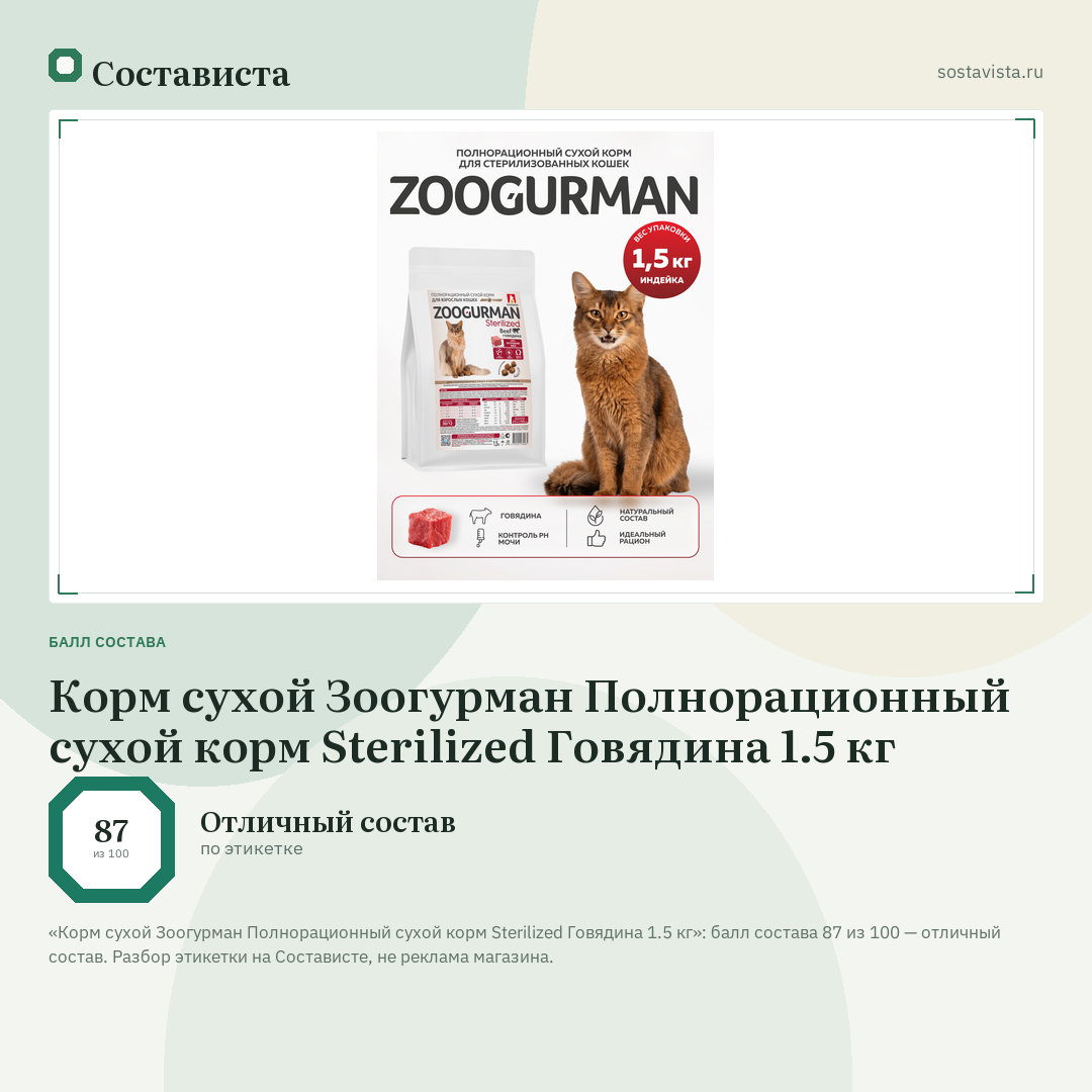 Корм сухой Зоогурман Полнорационный сухой корм Sterilized Говядина 1.5 кг: балл состава 87 из 100 — Состависта