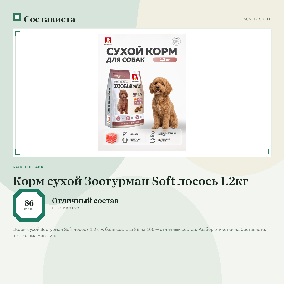 Корм сухой Зоогурман Soft лосось 1.2кг: балл состава 86 из 100 — Состависта