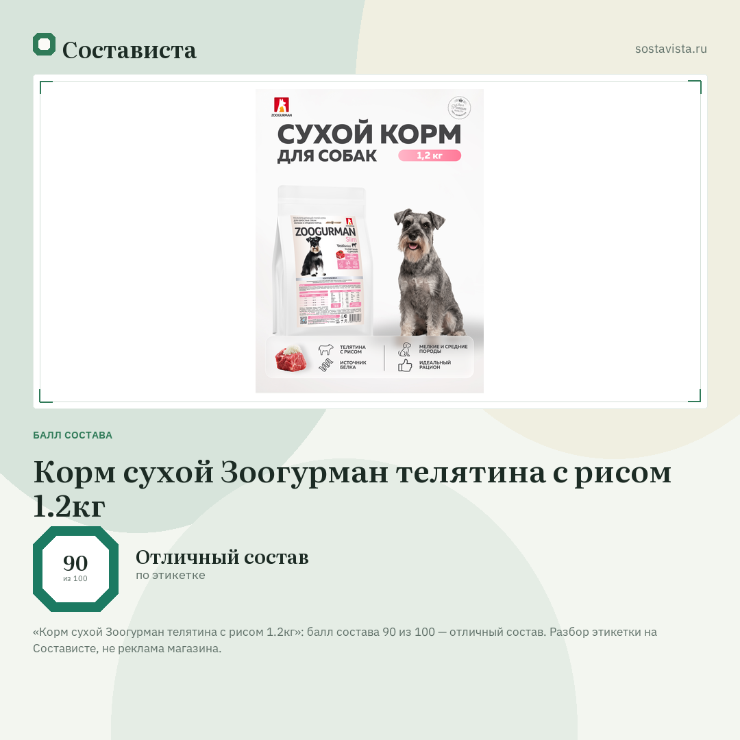Корм сухой Зоогурман телятина с рисом 1.2кг: балл состава 90 из 100 — Состависта