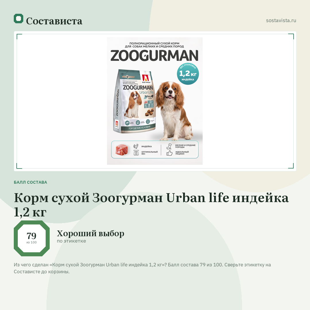 Корм сухой Зоогурман Urban life индейка 1,2 кг: балл состава 79 из 100 — Состависта