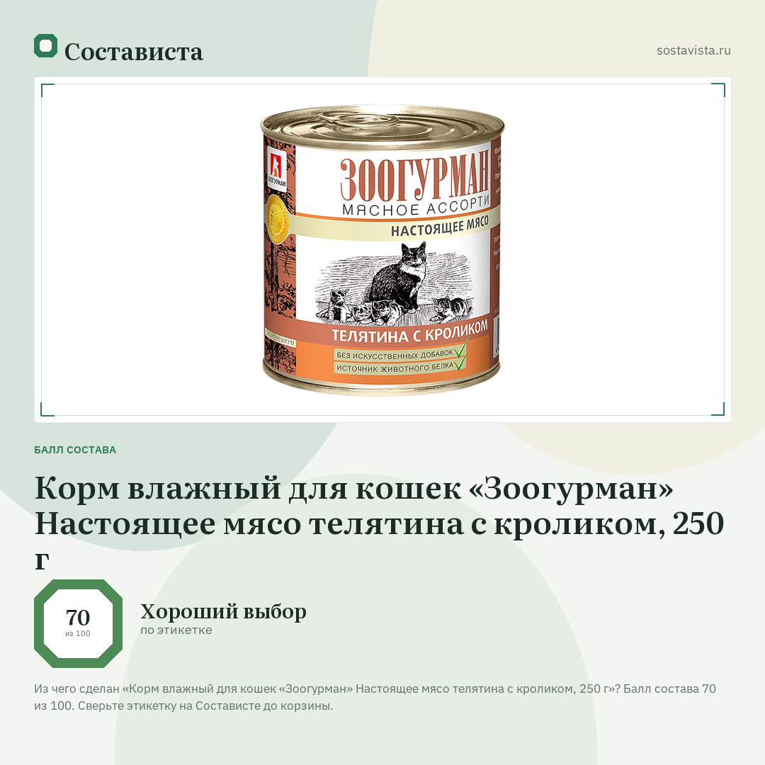 Корм влажный для кошек «Зоогурман» Настоящее мясо телятина с кроликом, 250 г: балл состава 70 из 100 — Состависта