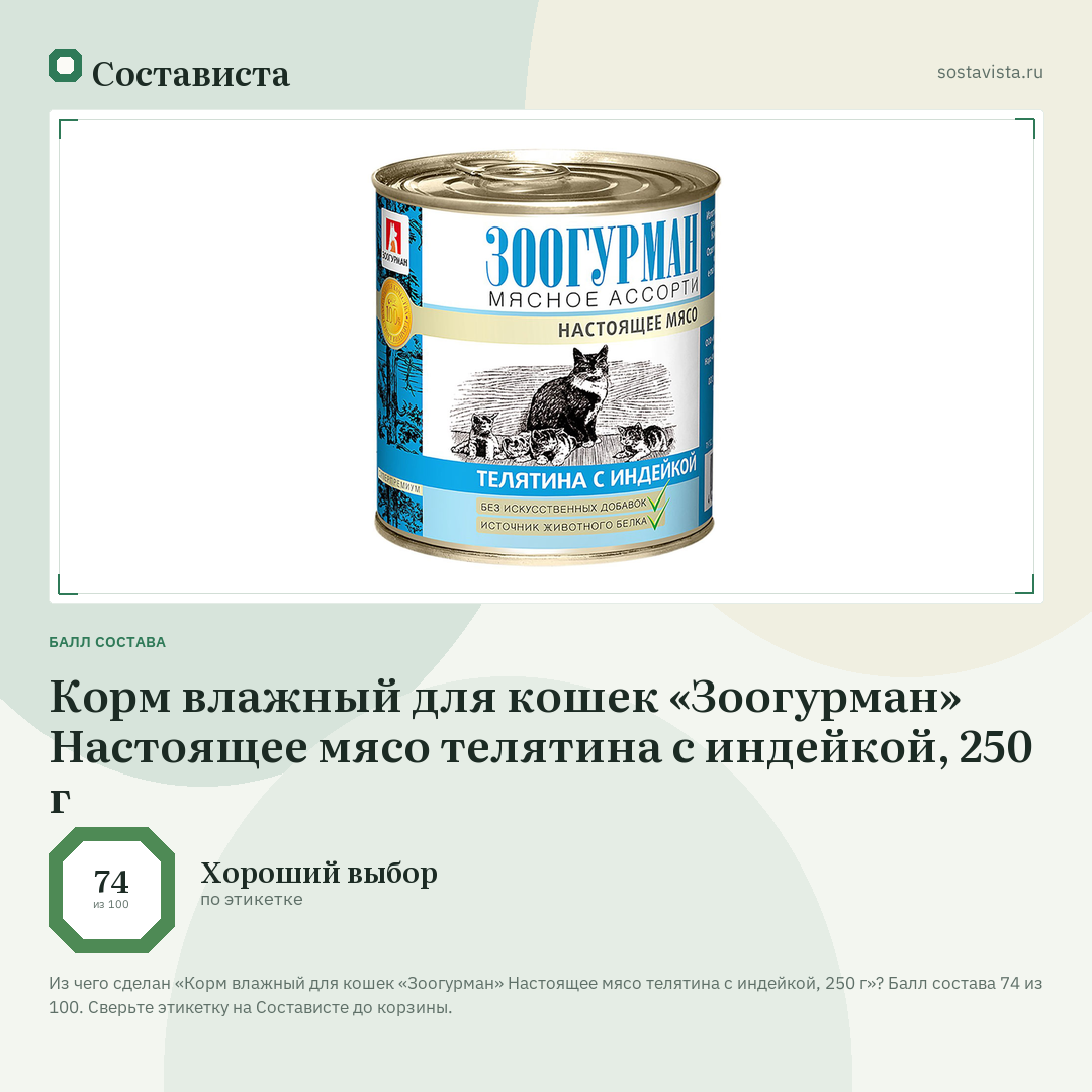 Корм влажный для кошек «Зоогурман» Настоящее мясо телятина с индейкой, 250 г: балл состава 74 из 100 — Состависта