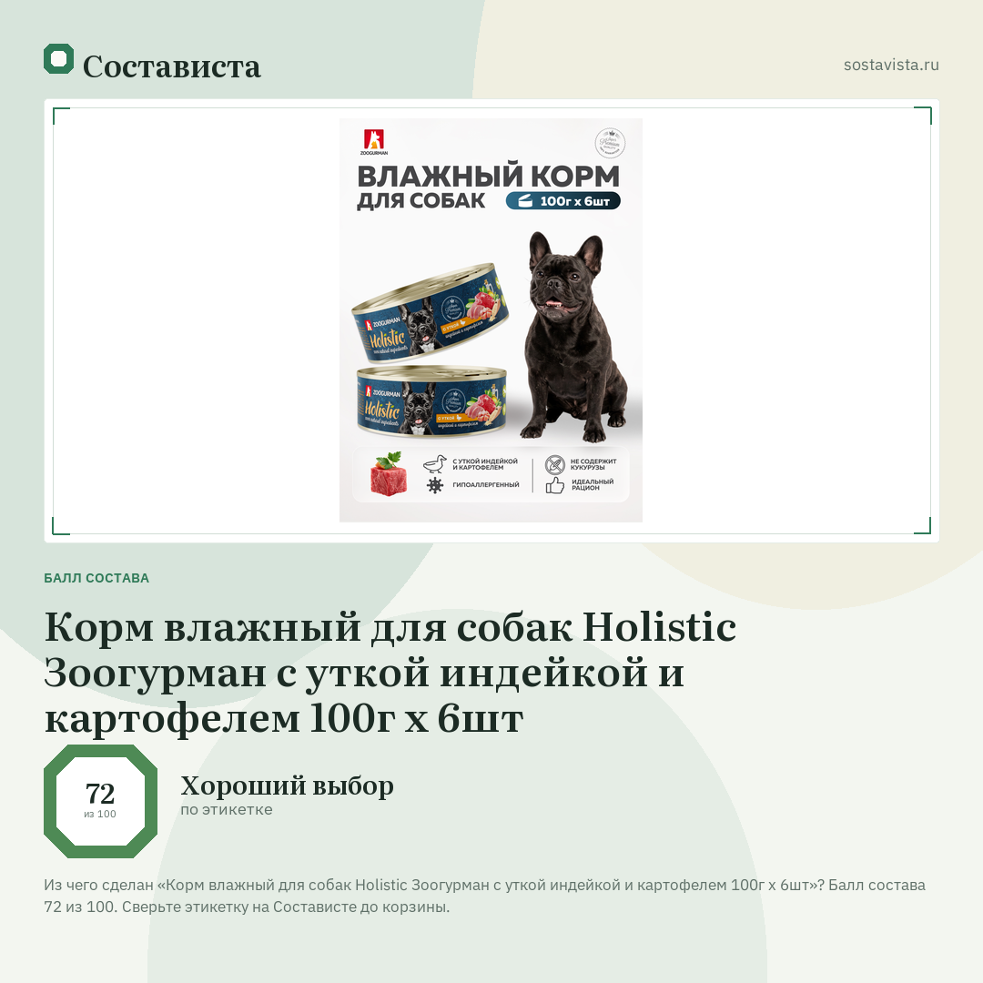 Корм влажный для собак Holistic Зоогурман с уткой индейкой и картофелем 100г х 6шт: балл состава 72 из 100 — Состависта