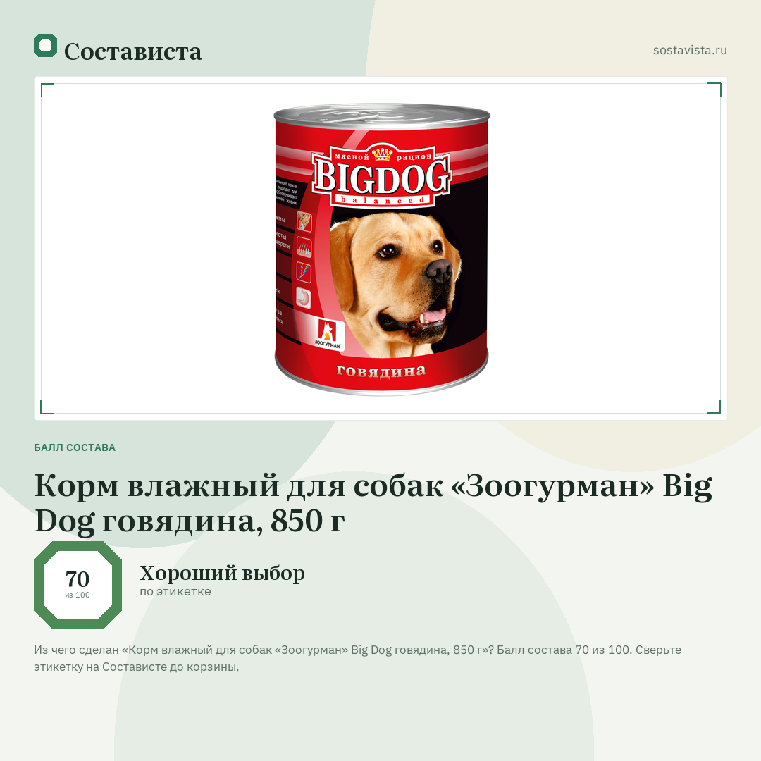 Корм влажный для собак «Зоогурман» Big Dog говядина, 850 г: балл состава 70 из 100 — Состависта