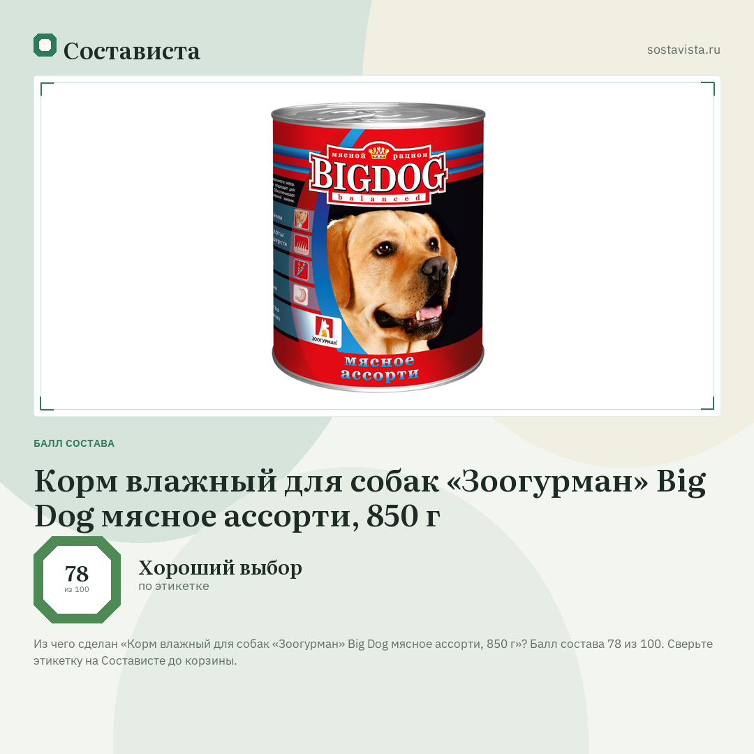 Корм влажный для собак «Зоогурман» Big Dog мясное ассорти, 850 г: балл состава 78 из 100 — Состависта