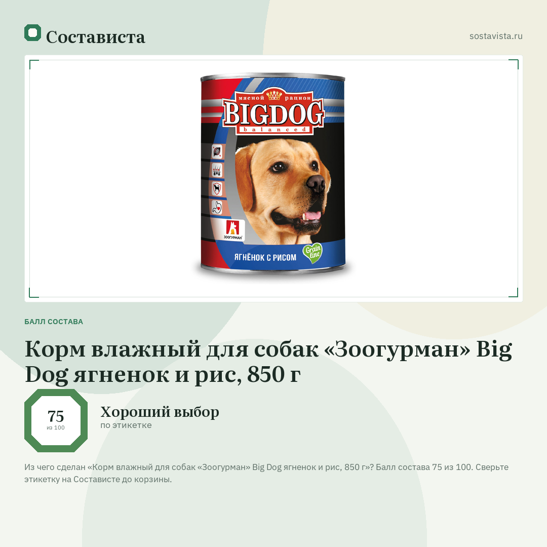 Корм влажный для собак «Зоогурман» Big Dog ягненок и рис, 850 г: балл состава 75 из 100 — Состависта