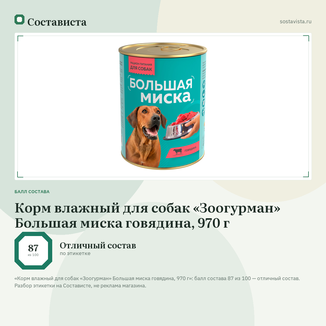 Корм влажный для собак «Зоогурман» Большая миска говядина, 970 г: балл состава 87 из 100 — Состависта