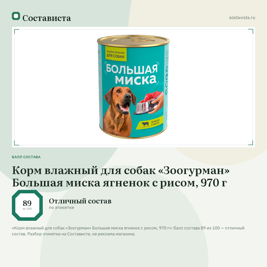 Корм влажный для собак «Зоогурман» Большая миска ягненок с рисом, 970 г: балл состава 89 из 100 — Состависта