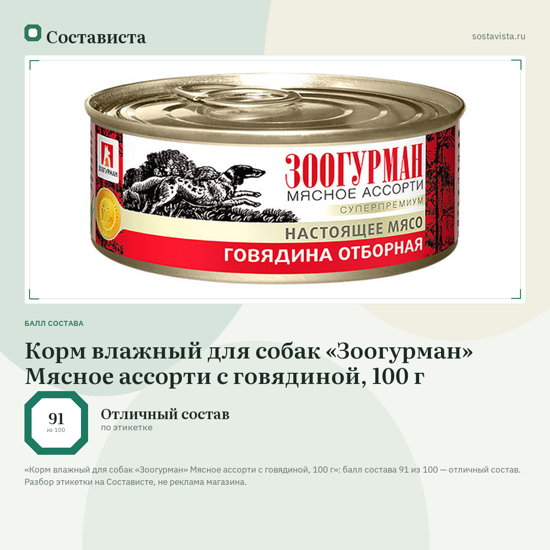 Корм влажный для собак «Зоогурман» Мясное ассорти с говядиной, 100 г: балл состава 91 из 100 — Состависта