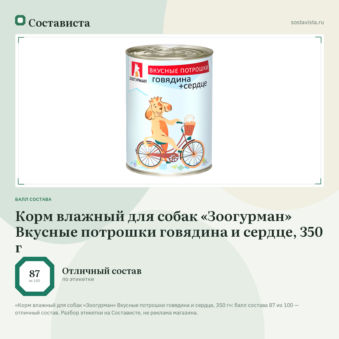 Корм влажный для собак «Зоогурман» Вкусные потрошки говядина и сердце, 350 г: балл состава 87 из 100 — Состависта