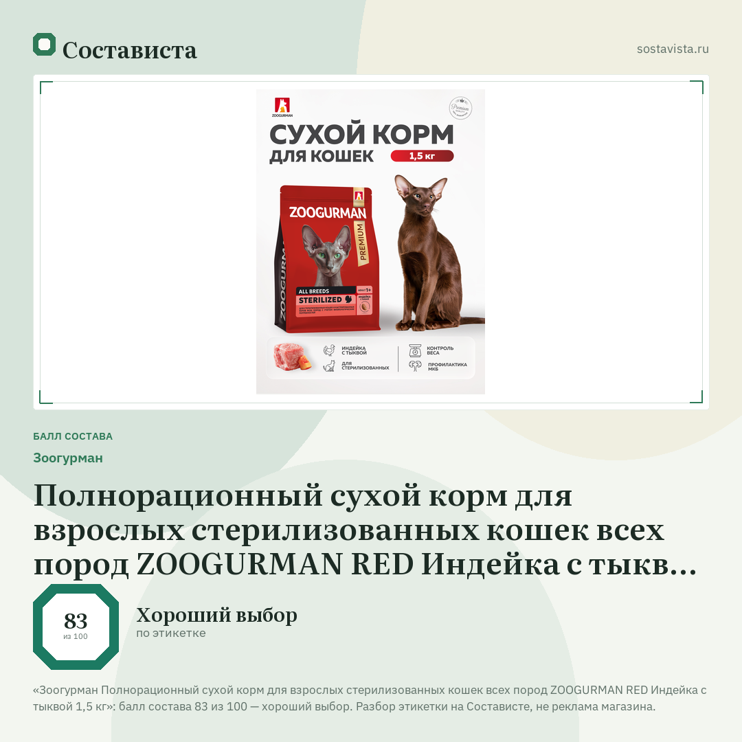 Зоогурман Полнорационный сухой корм для взрослых стерилизованных кошек всех пород ZOOGURMAN RED Индейка с тыквой 1,5 кг: балл состава 83 из 100 — Состависта