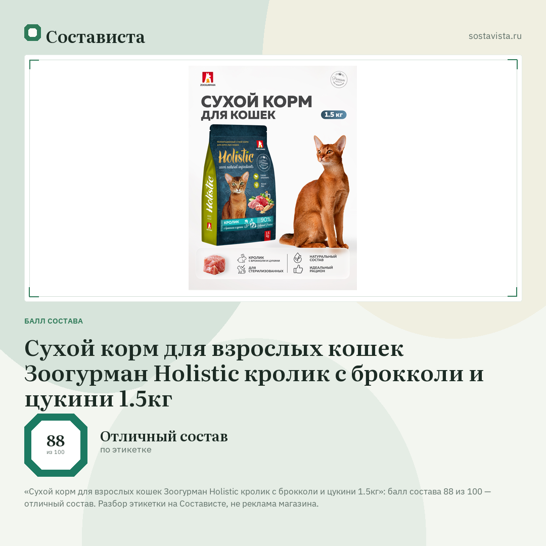 Сухой корм для взрослых кошек Зоогурман Holistic кролик с брокколи и цукини 1.5кг: балл состава 88 из 100 — Состависта